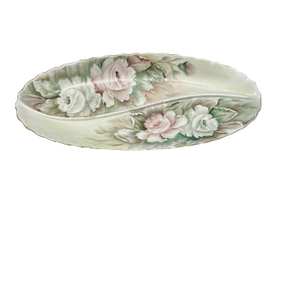 HAND PAINTED FLORAL PORCELAIN DIVIDED OVAL RELISH DISH - VINTAGE 1960s - Picture 3 of 16